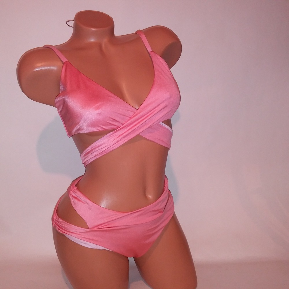Victoria Secret Swim Bikini Medium Top & Bottom Coral Solid Cutout Wrap Wireless